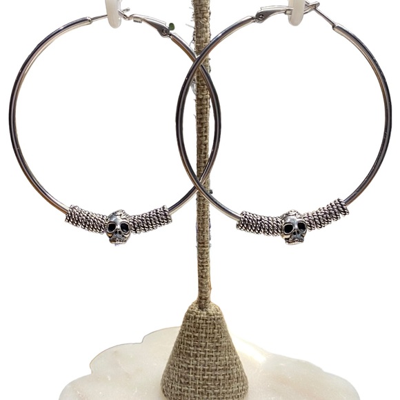 Silver Skull Hoop Earrings - Picture 3 of 4